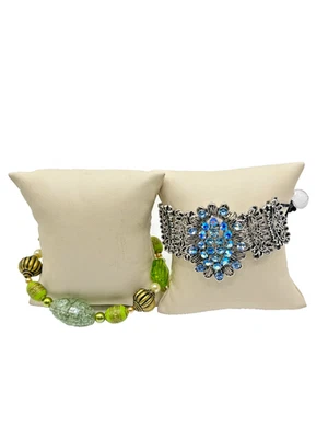 Set of 2 Bracelets Green Beaded Stretch & Silver Filigree Blue Faux Rhinestone - Image 1 of 4