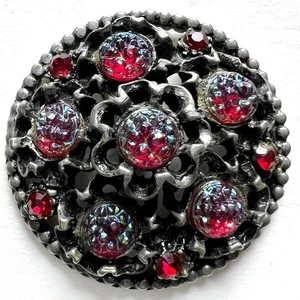 Lg Pierced White Metal Button Inset Iridescent Glass & Red Rhinestones 1-3/8" - Picture 1 of 6
