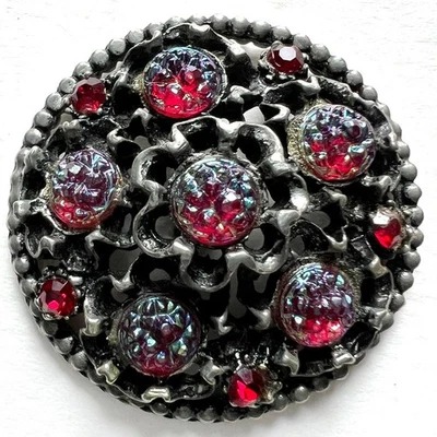 Lg Pierced White Metal Button Inset Iridescent Glass & Red Rhinestones 1-3/8" - Image 1 of 4