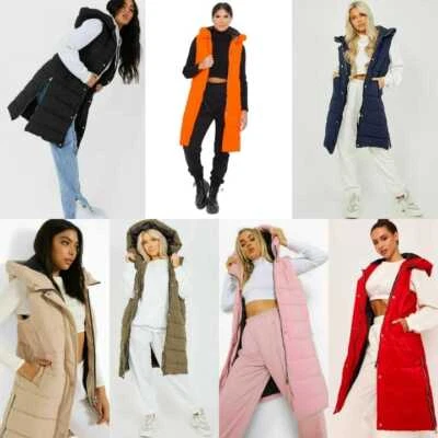 LADIES LONG LINE HOODED PUFFER GILET PADDED BODY WARMER SIDE ZIPS POCKET SIZE L - Image 1 of 2