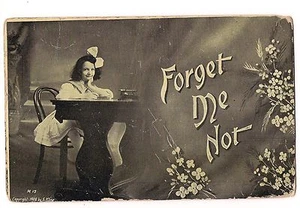 FORGET ME NOT Silly School Girl Big Bow Postcard 1908 By S. Kline B&W Postcard - Picture 1 of 2