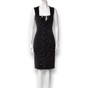 AKRIS Black Dress Size 16 Square Neck Knee Length Stud Embellishments MSRP $2500 - Picture 1 of 13