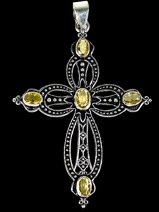 Colgante Cruz Plata de Ley 925 Piedras Preciosas Cristal Citrino 2.88" Hecho a Mano NUEVO - Imagen 1 de 10