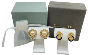Auth Dior Rhinestone pearl GD Earrings with Stone set of 2 W/Box NS031705 - Picture 1 of 15