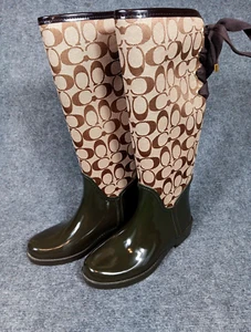 Genuine Coach Womens Tristee Brown Corset Lace Up Tall Rain Boots Sz. US 6B - Picture 1 of 8