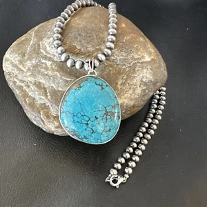 Men Women Navajo Sterling Silver Blue Spiderweb Turquoise Necklace Pendant 16228 - Picture 1 of 12