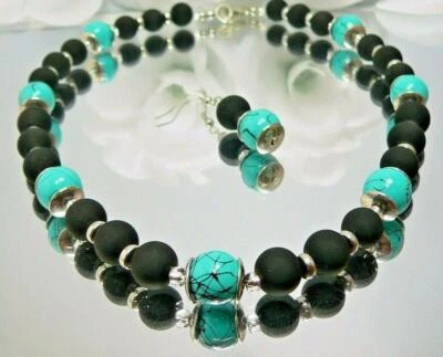 2er Schmuckset Halskette Ohrringe Glasperle marmoriert türkis Perle schwarz 448h - Bild 1 von 4