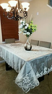 54x72" Handmade Beaded Pearl Sheer Embroidery Tablecloth Napkins Bridal Wedding - Image 1 of 4
