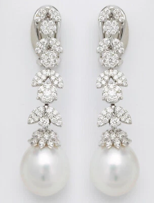 Elegant Pair Of Pearl & Lab-Created Diamond Floral Dangle Earrings In 935 Silver - Image 1 of 4