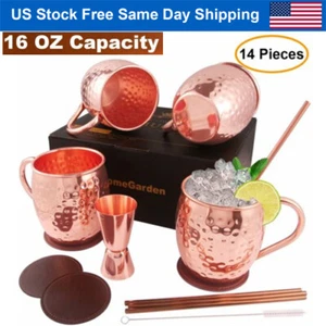 US SHIP 4Pcs Moscow Mule Copper Mug Set Cups with Handles Straws Coasters Brush