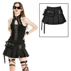 DARK IN LOVE Gothic Moto Mini Rock Schwarz Faltenrock Taschen Riemen Nieten - Picture 1 of 10