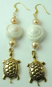 Earrings Ocean Sea Life Dangle with Pearls Shells Turtles Beach Wedding Handmade - Picture 1 of 1