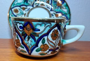 Vtg Kutahia Athens Greece Hand-painted Tea Cup & Saucer Blue Floral Gold Trim - Picture 1 of 6
