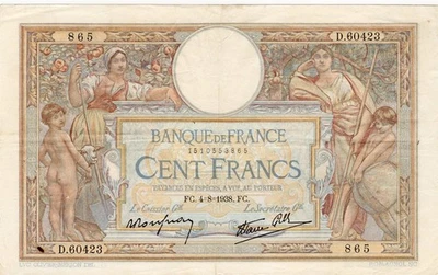 1938 FRANCE 86b 100 FRANCS WILL GRADE VF #1120-8 - Image 1 of 2