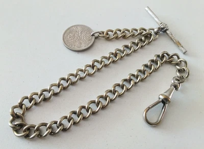 Vintage Albert Pocket Watch Chain T-Bar Dog Clip 1963 Sixpence Fob curb link 23g - Image 1 of 4