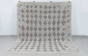 Natural Ivory Grey Geometric Look Moroccan Wool Hand Knotted Distressed Boho Rug - Picture 1 of 16