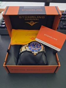 Stührling Herren Taucheruhr 4055.1 Blau Gold Edelstahl 100M Schweiz Quarz NEU - Bild 1 von 11