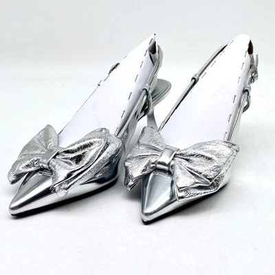 Marc Fisher Silver Arzia Pointed Toe Bow Slingback Heels Size 5M - Image 1 of 4