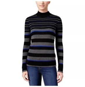 Karen Scott Women’s Ribbed Bright Blue Combo Striped Mock Neck Sweater - XL - Picture 1 of 9