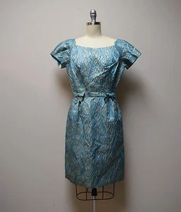 VINTAGE 50s/60s MISS BROOKS Teal & Gold Brocade Formal Wiggle Dress Size S - Picture 1 of 6