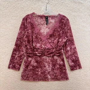Y2K Vintage Mesh Top Medium Pink Lace V-Neck 3/4 Sleeve Office Corpcore - Picture 1 of 6