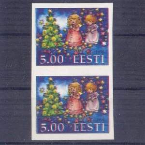 ESTONIA DOUBLE-ERROR SHIFTED RED IMPERFORATED PAIR 5.00 CHRISTMAS 1998 - Picture 1 of 1