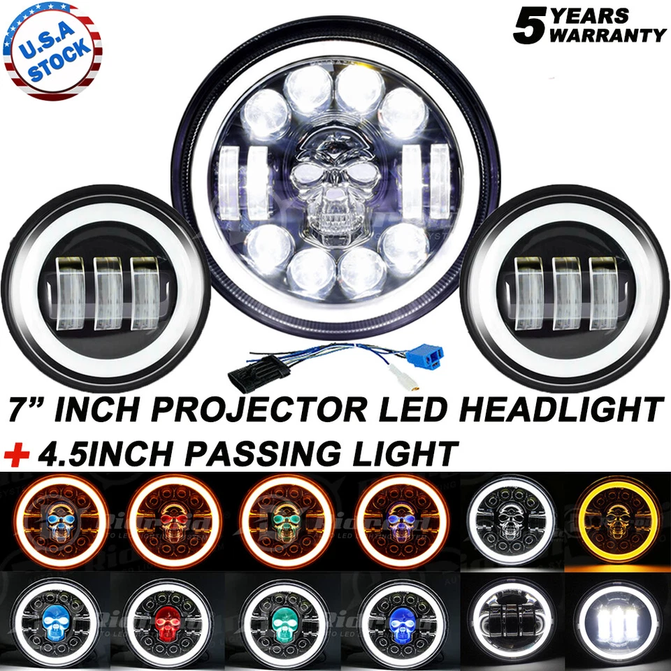 Faro LED RGB de 7 pulgadas para motocicleta + luz de paso de 4,5" para Harley Electra Glide Foto 1 de 4