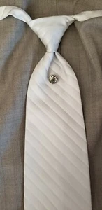 RARE Silver Pre tied Striped Long Tie Western Medallion Victorian TUXXMAN - Picture 1 of 2