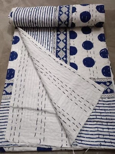 King Blue White Print Kantha Bedspread Indian Handmade Quilt Throw Cotton Blankt - Picture 1 of 12