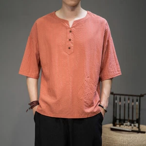 Hommes Coton Lin T-Shirt 3/4 Manche Haut T-Shirt Henley Cou Basique Souple - Picture 1 of 16