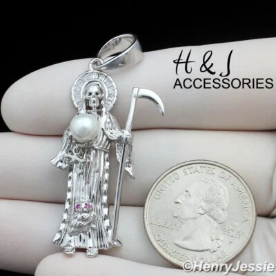 925 STERLING SILVER ICY BLING CZ 3D SANTA MUERTE GRIM REAPER DEATH PENDANT*SP441 - Image 1 of 4