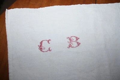 Nappe N°121 ancienne chanvre lin 170 x 110 cm monogramme rouge en coin liteaux - Photo 1/4