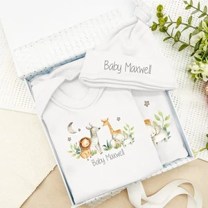 Personalised Safari Gang Baby Clothing Optional Hamper Gift Set - Picture 1 of 3