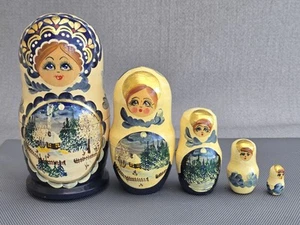 Vintage Russian Matryoshka Nesting Dolls Hand Painted Wooden Figures - Set of 5 - Picture 1 of 18