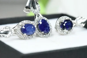 Natural Sapphire Jewelry Set – Ring Sz 6, Earrings & Pendant – 925 Silver - Picture 1 of 17