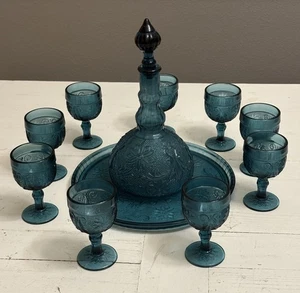 Vintage Diadem Sandwich Glas Zweihundertjährig Blau Karaffe Set mit 9 Gläsern und Tablett - Bild 1 von 18