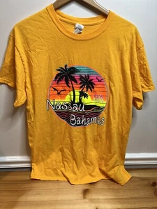 Gildan Bright Yellow Nassau Bahamas Tropics Sunset Island Sea Graphic TShirt L - Picture 1 of 4