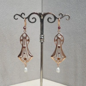 Jugendstil Granatschmuck Granat Ohrringe Retro Vintage Silber 925/- vergoldet - Bild 1 von 9