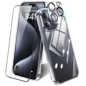 Funda transparente, protector de pantalla de vidrio templado para Apple iPhone 15 Pro Max, 15 Plus - Imagen 1 de 26
