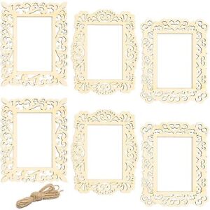 6 Pack Unfinished Wood Frames Cutout with Jute String for DIY Craft Decor 7x8.5"