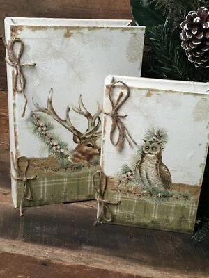 Holiday Rustic Faux Book Storage Box Wooden Set of 2 Heavy Quality🦌 Deer Owl - Image 1 of 4