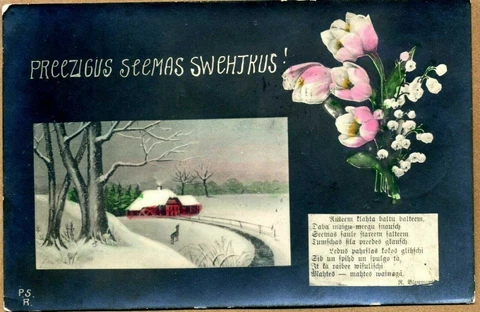 Latvia 1924 Christmas Postcard w/Liepaja, Riga, & Riga 2 Cancels Cover