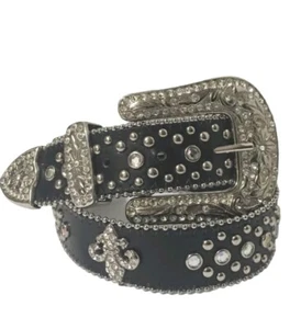 Western Cowgirl Belt Rhinestones FleurDeLis Wmns Sz M 32-34 - Picture 1 of 3