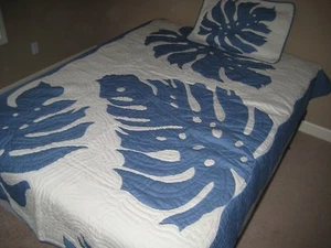95x74" Hawaiian Quilt Comforter w/ 1 shams hand quilted appliqued 100% cotton - Picture 1 of 4