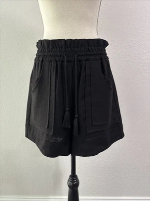 House of Harlow Bolsa de Papel Cintura Alta Mescla de Linho Shorts Preto Tamanho P Bolsos - Imagem 1 de 4