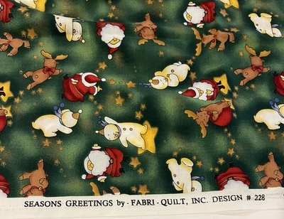 Seasons Greetings by Fabri Quilt Inc #228 Green/Santa Reindeer Snowman BTY - Image 1 of 3