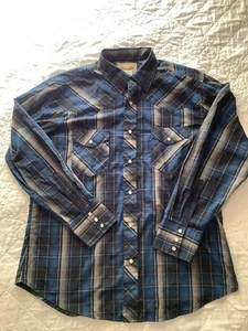 Wrangler Men’s Western Style Shirt Long Sleeve Blue Plaid Pearl Snap Size L - Picture 1 of 5