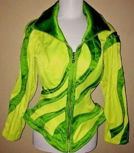 Burning Man Retro Space Neon Green Nipped Waist Zippered Piping Jacket Small - Picture 1 of 12