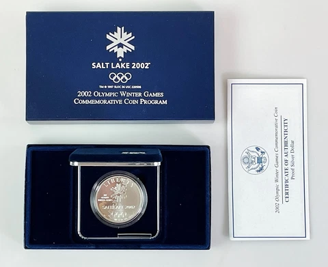 2002 US Olympic Salt Lake Commemorative Proof Silver Dollar Coin, Box w/ COA Cover
