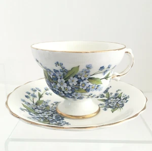VTG Royal Seagrave Fine Bone China Cup Saucer Forget Me Nots Gold Edged England - Picture 1 of 10